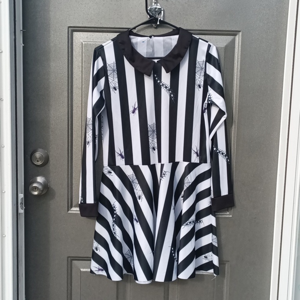 Beetlejuice Black and White Striped Long Sleeve Dress